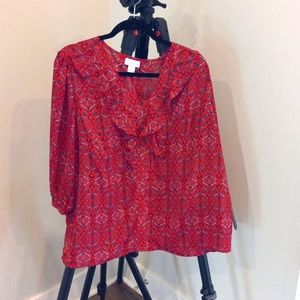 1X Red/White/Black Ruffled V-Neck 3/4 Sleeve Dressy Blouse. Worn 2x.